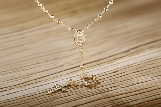 Gold Virgin Mary Rosary Bead Cross Necklace 18''