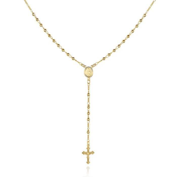Gold Virgin Mary Rosary Bead Cross Necklace 18''