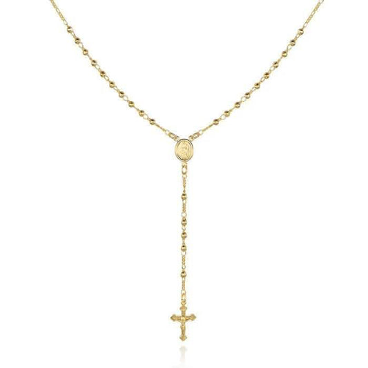 Gold Virgin Mary Rosary Bead Cross Necklace 18''