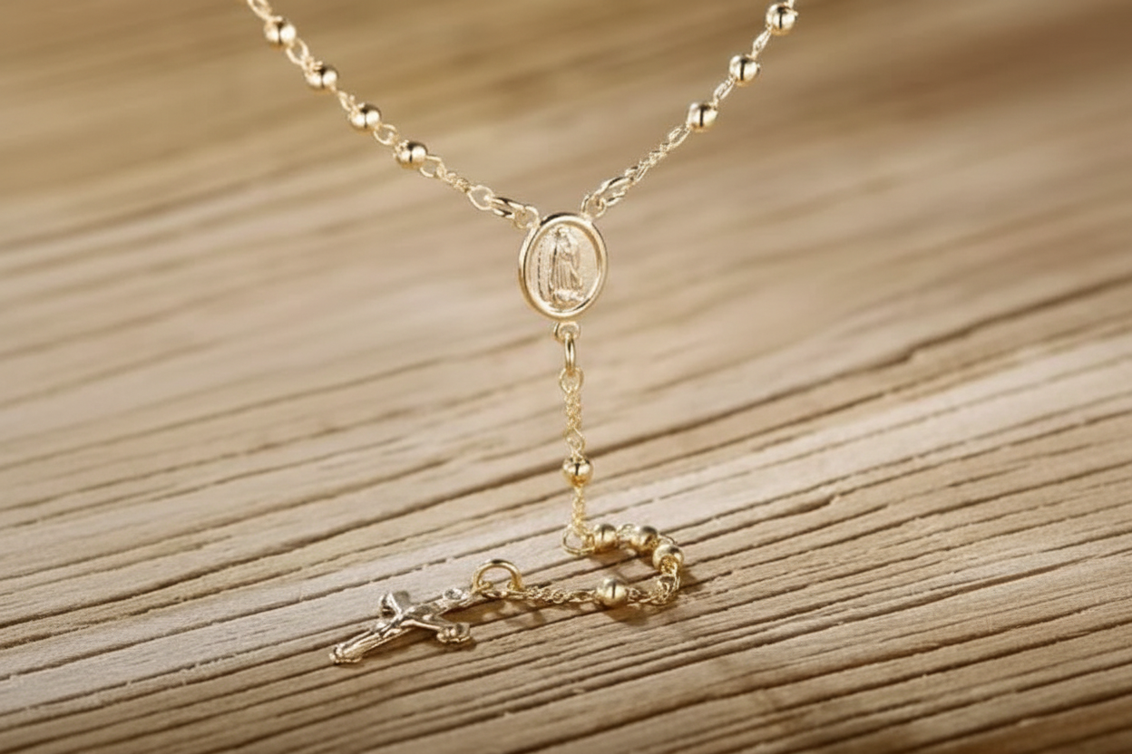 Gold Virgin Mary Rosary Bead Cross Necklace 18''